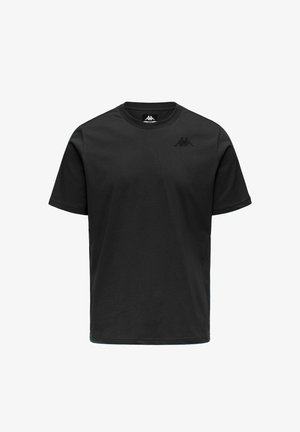 T-shirt nera a maniche corte con collo tondo, con piccolo logo nero sul petto sinistro e davanti semplice.