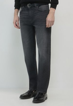 Dark gray denim jeans with a straight leg design, featuring a waistband with belt loops and front pockets. Smooth texture with subtle fading.