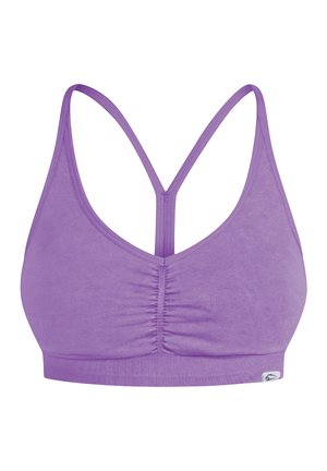 Soutien-gorge de sport violet avec un décolleté en V, de fines bretelles réglables, un détail froncé au centre et un tissu doux et extensible pour le confort.