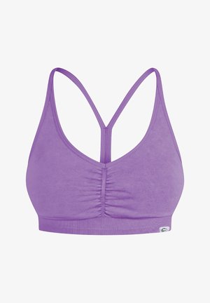 Paarse sportbh met een v-hals, dunne verstelbare bandjes, geplooide middenklein en een zachte, rekbare stof voor comfort.