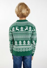 Žalias megztinis su baltais elnių, medžių ir snaigių raštais. Smulkios neribotos apykaklės ir rankogaliai. Džinsai matomi juosmens lygyje.