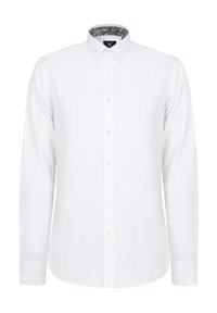 Biała koszula z długim rękawem zapinana na guziki, z kołnierzykiem. Wzór wewnętrzny przedstawia design w paisley. Gładka faktura z przejrzystymi guzikami.