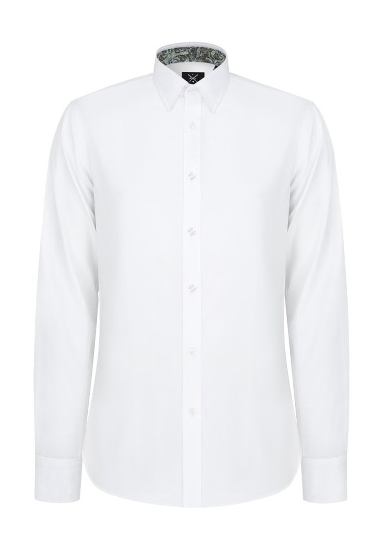Biała koszula z długim rękawem zapinana na guziki, z kołnierzykiem. Wzór wewnętrzny przedstawia design w paisley. Gładka faktura z przejrzystymi guzikami.
