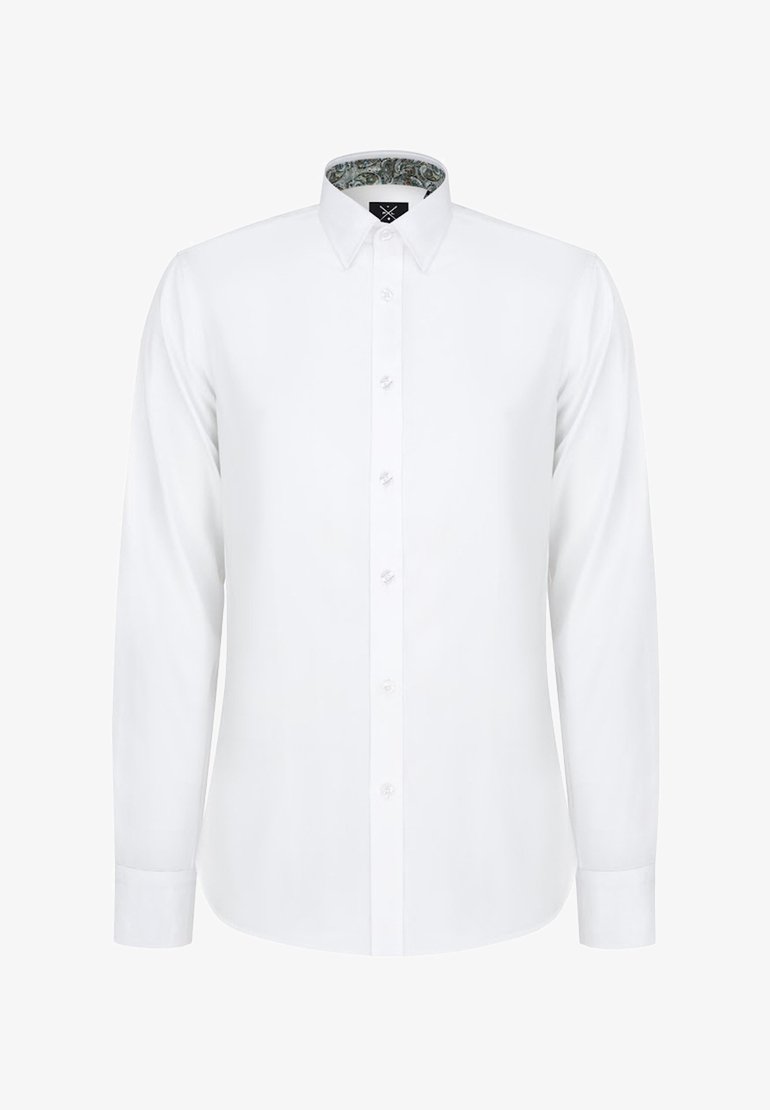 Biała koszula z długim rękawem zapinana na guziki, z kołnierzykiem. Wzór wewnętrzny przedstawia design w paisley. Gładka faktura z przejrzystymi guzikami.