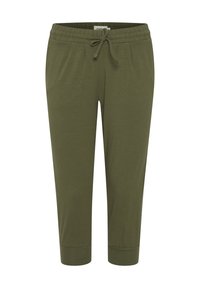 Olivenfarget korte joggebukser med elastisk midje, snor, sidelommer og mansjetterte hem.