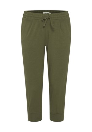 Pantaloni jogger corti di un verde oliva, con vita elastica, cordino, tasche laterali e orli a costine.