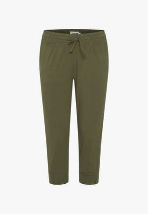 Oliivrohelised lühikesed jogger-püksid elastse vöökoha, paelaga, küljetaskute ja mansettidega.