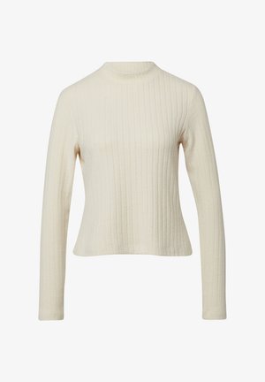 Haut à manches longues côtelé crème avec un col montant. Présente une coupe ajustée et une texture lisse, fabriqué en tissu doux.
