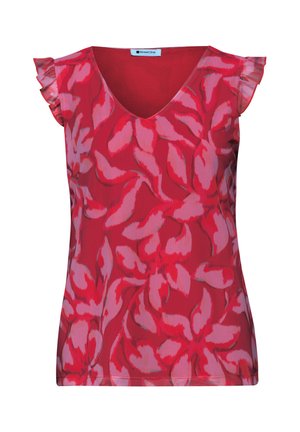 Rode mouwloze damestop met gerimpelde schouderdetails en een abstract roze bladmotief over het hele oppervlak.