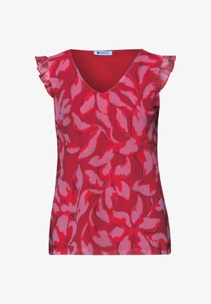 Top rouge sans manches pour femmes avec des détails froncés aux épaules et un motif abstrait de feuilles roses sur toute la surface.