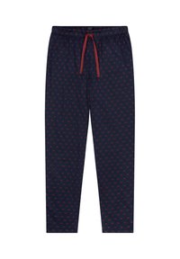 Pantaloni da pigiama blu navy con un motivo geometrico rosso, vita elastica e cordoncino, realizzati in un tessuto morbido e leggero.