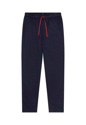 Navy pajama pants with a red geometric pattern, elastic waistband, and drawstring, made from a soft, lightweight fabric.