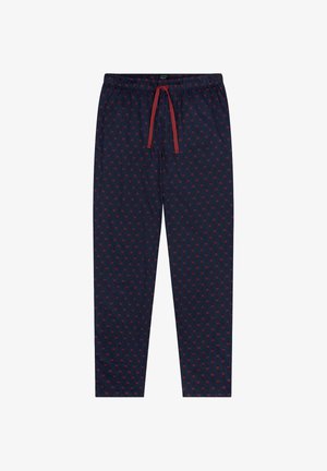 Pantaloni da pigiama blu navy con un motivo geometrico rosso, vita elastica e cordoncino, realizzati in un tessuto morbido e leggero.