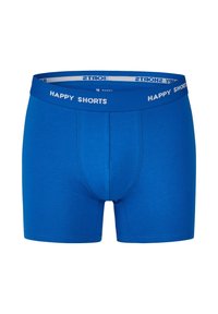 Modré bavlněné boxerky s těsným střihem, které mají kontrastní bílý pas s nápisem "HAPPY SHORTS." Hladký povrch.
