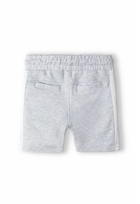 Pantaloni corti in cotone grigi con vita elasticizzata, dotati di due tasche posteriori, di lunghezza corta e con una consistenza liscia. Le cuciture laterali presentano dettagli bianchi.