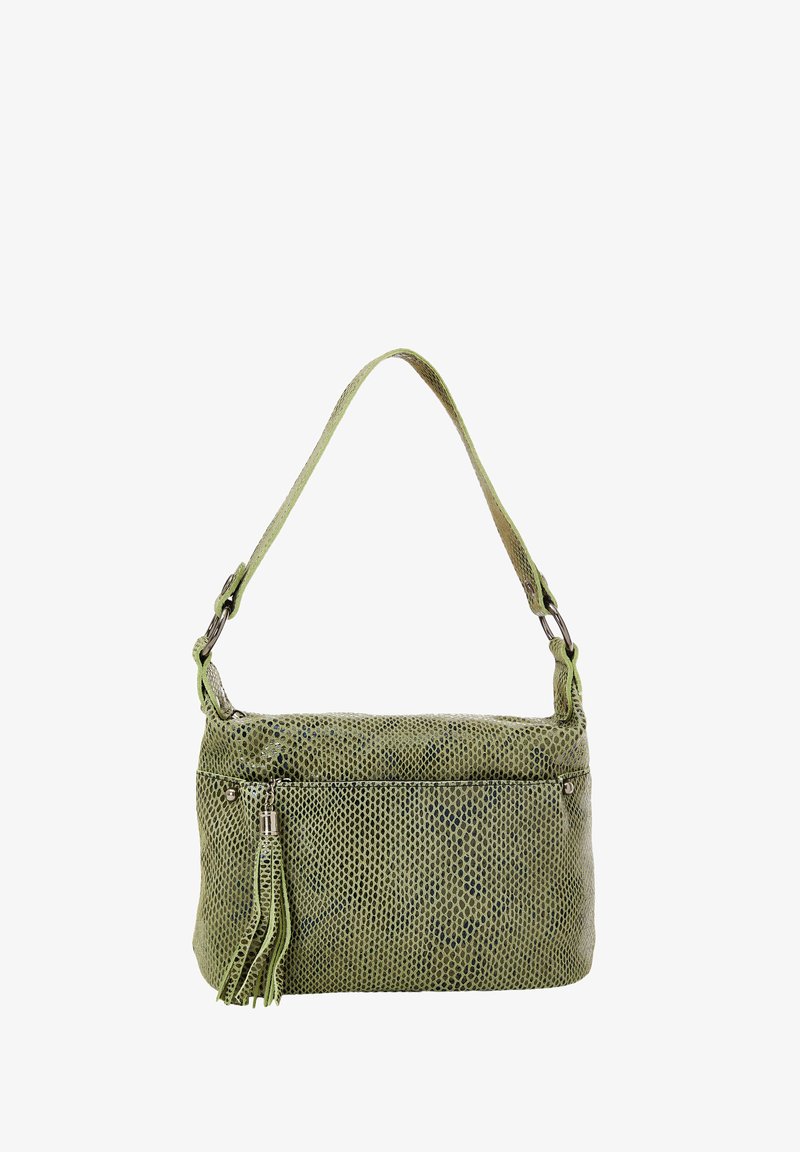 Borsa a tracolla verde con texture e design perforato, dotata di manico corto e tasca frontale con zip e dettaglio a frangia.