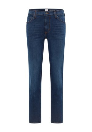 Dunkelblaue Denim-Jeans mit geradem Schnitt, fünf Taschen und orangefarbener Naht. Glatte Textur mit einem klassischen Design und ohne sichtbare Abnutzungen.