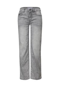Jeans grigi i a gamba dritta con chiusura a doppio bottone, tasche frontali e dettagli di lavaggio leggermente sbiaditi.