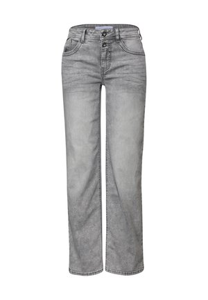 Gray straight-leg jeans with double button closure, front pockets, and subtle faded wash detailing.