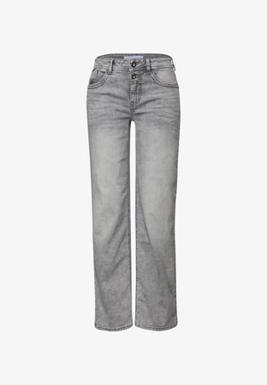 Gray straight-leg jeans with double button closure, front pockets, and subtle faded wash detailing.