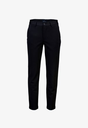 Sorte bukser lavet af et glat stof, med en standard talje, en enkelt knaplukning og et tapered ben design.