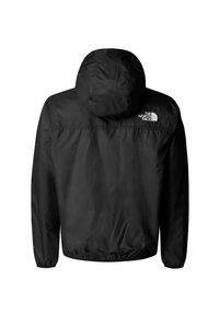 Schwarze leichte Jacke mit Kapuze, elastischen Bündchen und einem taillierten Saum. Mit weißem Logo auf dem oberen Rücken. Glattes, wasserabweisendes Material.