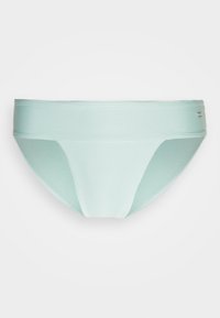 Parte de baixo de fato de banho verde menta claro com textura canelada, uma cintura larga e um pequeno detalhe prateado. Estilo de biquíni clássico com bordas suaves.