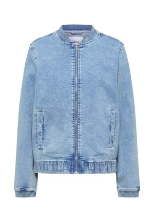 Hellblaue Denim-Bomberjacke mit Frontreißverschluss, zwei Seitentaschen, geripptem Kragen, Bündchen und Bund.