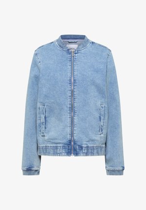 Jasno-niebieska kurtka bomber z denimu z przednim zamkiem błyskawicznym, dwoma bocznymi kieszeniami, prążkowanym kołnierzem, mankietami i pasem.