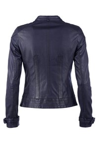 Dunkelmarineblaues Lederjackett mit tailliertem Design, hohem Kragen und zwei vertikalen dekorativen Paneelen auf dem Rücken. Verstellbare Ärmeldetails.