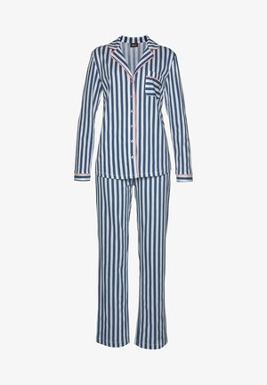Ensemble de pyjama rayé bleu et blanc, comprenant une chemise à boutons avec un col et une poche poitrine, des manches longues et un pantalon assorti.