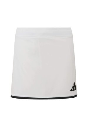 Jupe de sport blanche avec bordure noire le long du bord inférieur et logo Adidas noir en bas à droite.