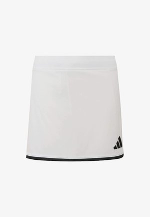 Hvid atletisk nederdel med sort kant langs den nederste kant og et sort Adidas-logo på nederste højre side.