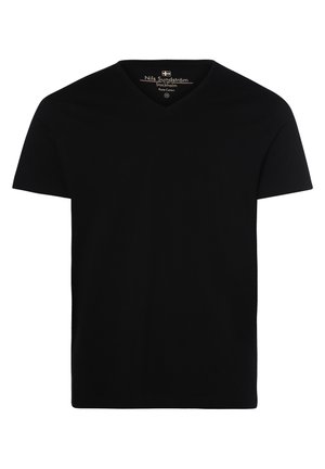 Black cotton t-shirt with a V-neck, short sleeves, and a smooth texture. Label inside states "Nils Sundström, Stockholm, Pure Cotton."