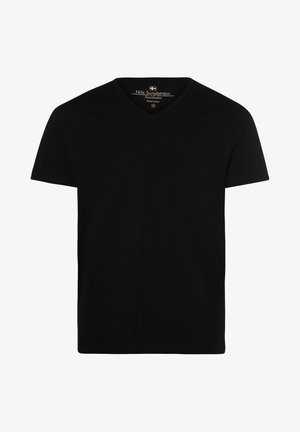 Black cotton t-shirt with a V-neck, short sleeves, and a smooth texture. Label inside states "Nils Sundström, Stockholm, Pure Cotton."