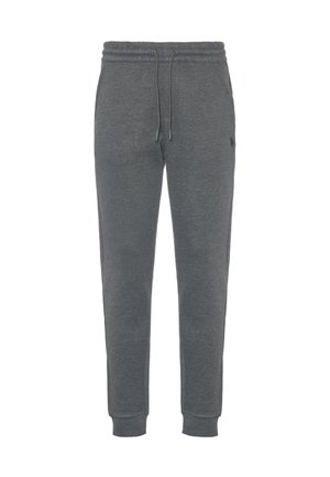 Pantaloni sportivi grigi realizzati in tessuto morbido, con vita elastica dotata di cordoncino e polsini a costine alle caviglie. Dettaglio del logo discreto.