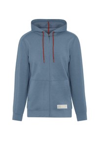 Hoodie s patentnim zatvaračem u svijetloplavom materijalu s crvenim vezicama. Ima kengursku džep i oznaku na rubu, glatku teksturu i opušteni kroj.