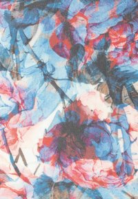 Abstract floral pattern with overlapping red, blue, and black petals and leaves on a light background.
