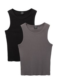 Deux débardeurs sans manches en noir et gris. Fabriqués en tissu doux et extensible avec un col rond et une silhouette ajustée.