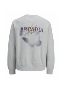 Siva majica s okruglim izrezom, s grafičkim otiskom koji uključuje "ARCADIA" i apstraktne dizajne u plavim i narančastim tonovima.