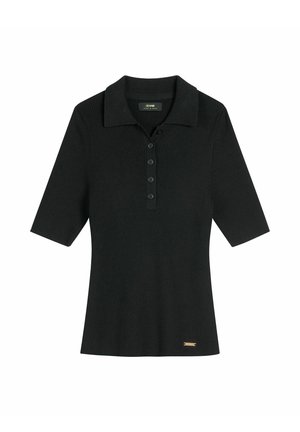 Czarna prążkowana koszulka polo z krótkim rękawem, kołnierzykiem i pięcioma guzikami z przodu, z małą prostokątną złotą metką z logo u dołu.