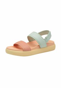 Two-tone sandals featuring a pink strap and a light green strap, with a soft beige sole and a slightly raised design for comfort.