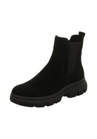Schwarze Wildleder-Stiefelette mit elastischen Seitenpaneelen, abgerundeter Spitze und einer klobigen schwarzen Gummisohle mit strukturiertem Profil.