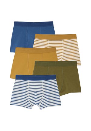 Five men's boxer briefs in solid blue, mustard yellow, olive green, and two striped pairs in white with blue and white with mustard.