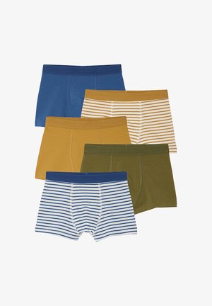 Five men's boxer briefs in solid blue, mustard yellow, olive green, and two striped pairs in white with blue and white with mustard.