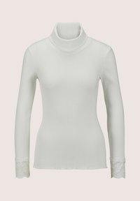 Weißes geripptes Rollkragenoberteil mit langen Ärmeln, verziert mit Spitzenakzenten an den Bündchen. Weicher Stoff, taillierte Passform und minimalistischem Stil.