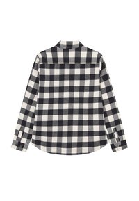 Fekete-fehér kockás flanel ing, hosszú ujjakkal, lekerekített alsó résszel, egyetlen hátsó vállrésszel és gombos mandzsettákkal. Puha tapintású, jól látható kockás mintával.