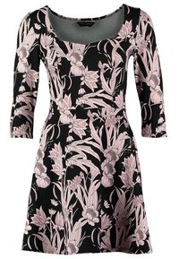 Svart klänning med trekvartsärmar, prydd med ett blommönster i rosa toner, figursydd bodice och utsvängd kjol. Mjuk och elastisk material.