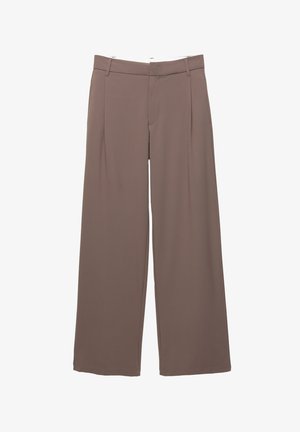 Spodnie o szerokich nogawkach w miękkim, jasnobrązowym materiale o gładkiej strukturze, z fałdami z przodu i klasycznym krojem pasa.