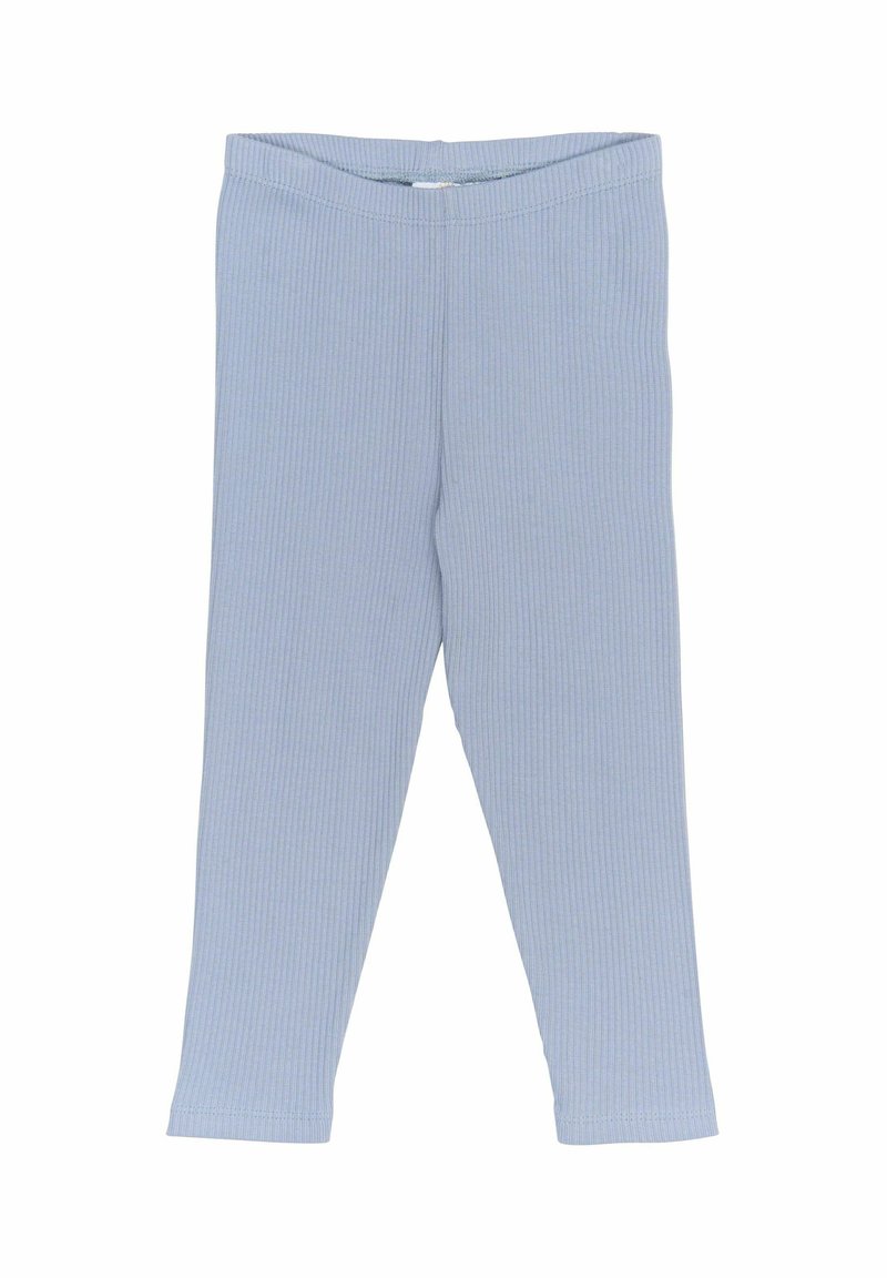 Leggings a coste blu chiaro con una silhouette aderente, texture morbida e una vita elasticizzata per comfort e facilità di indossare.